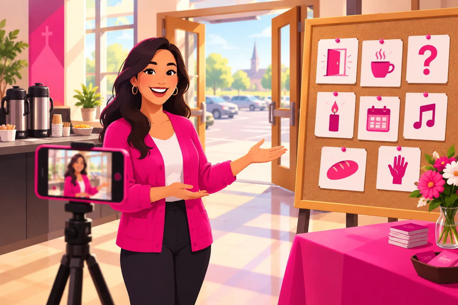 An illustration of a smiling church communications volunteer in a cardigan standing in a bright church lobby with open double doors to the parking lot, a coffee station, and a welcome table, beside a corkboard of pinned index cards each showing a small icon for a different video idea - an open door, a coffee cup, a question mark, a candle, a calendar, a music note, a loaf of bread, and a raised hand - with a smartphone on a tripod framing the scene