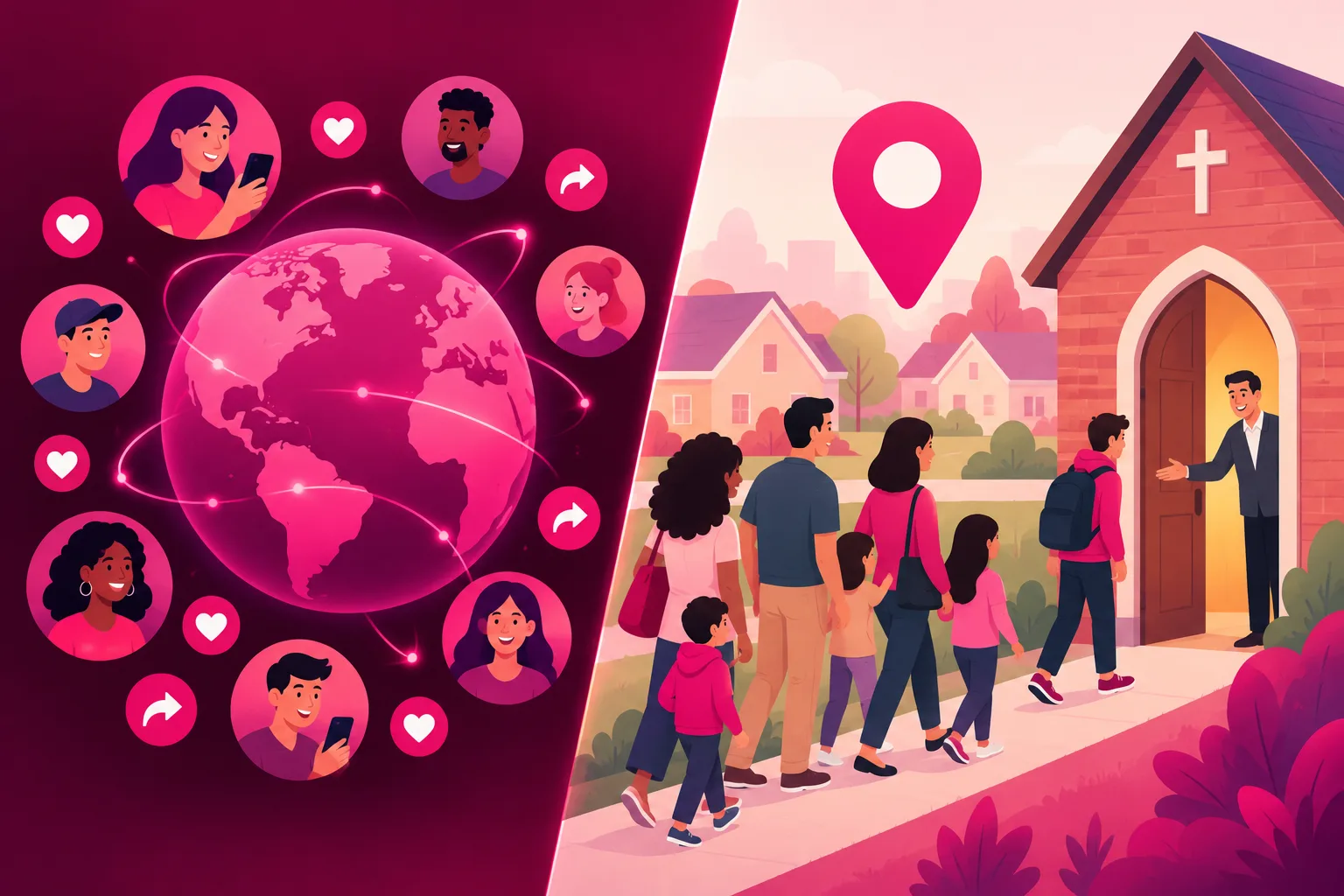 An illustration comparing two scoreboards side by side: on the left a globe surrounded by a scattered crowd of viewer avatars, hearts, and share arrows, and on the right a map pin over a small neighborhood with a short line of families and a teenager walking toward the open door of a small brick church where a smiling greeter holds the door