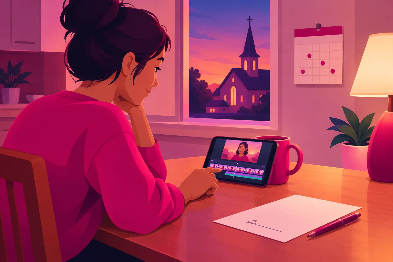 An illustration of a volunteer sitting at a kitchen table on a quiet evening, editing a short video on a phone propped against a mug, with a single sheet of paper beside it, a small wall calendar with three days marked, a warm lamp, and a church visible through the window