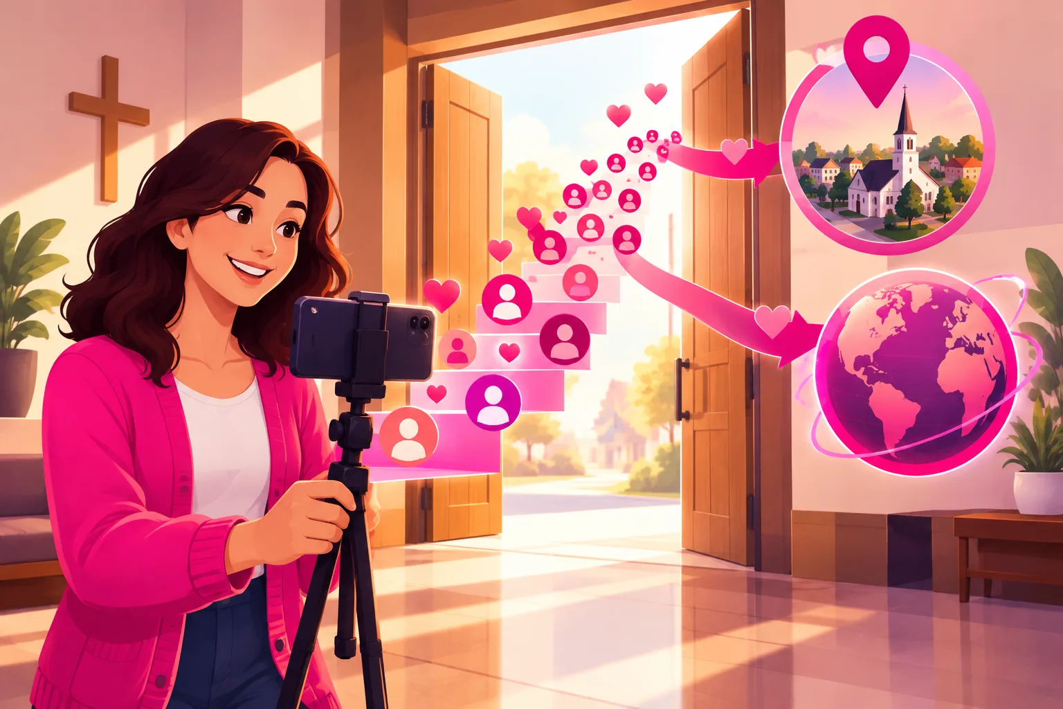 An illustration of a friendly young volunteer holding a smartphone on a small tripod in a sunlit church lobby with the wooden doors standing open, while a rising staircase of follower avatars and heart icons climbs out of the doorway and splits into two streams, one toward a map pin over a small town with a steeple and the other toward a globe