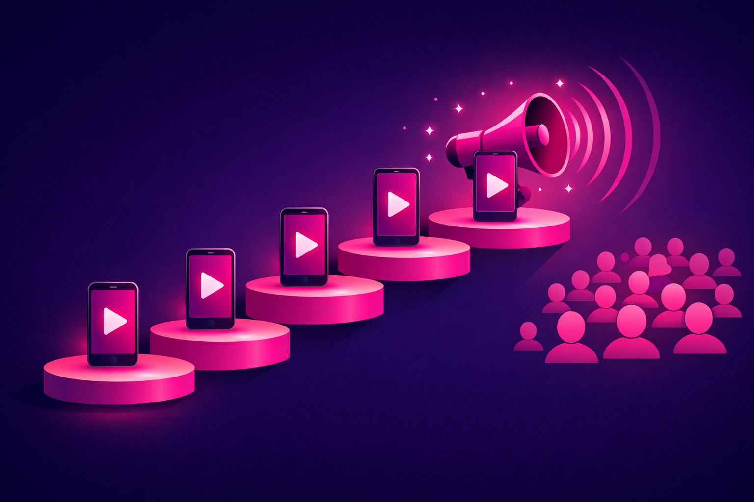 Five rising platforms each holding a smartphone with a video play button, the highest amplified by a glowing megaphone reaching a crowd of follower icons on a deep purple background