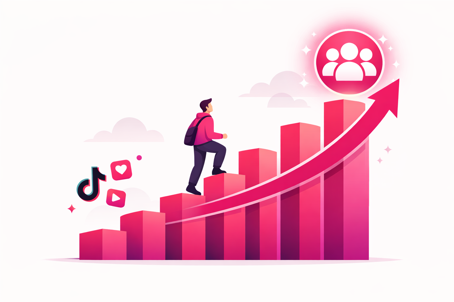 A person climbing a rising staircase of bar-chart columns toward a glowing follower community badge, with an upward arrow and TikTok icons on a clean pink gradient background
