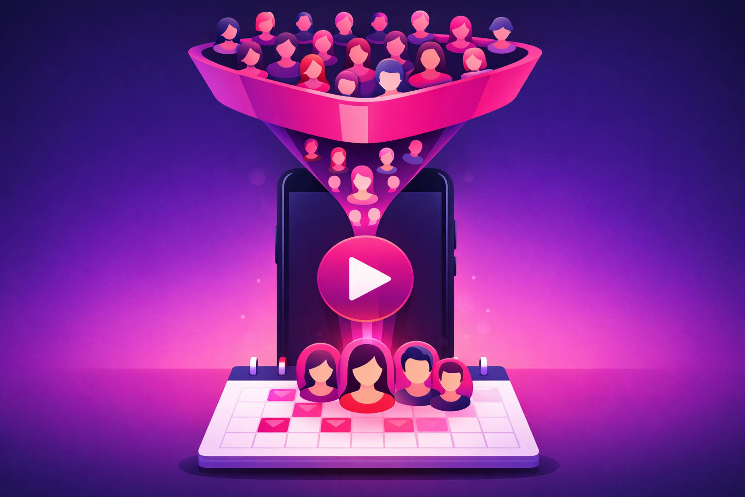 A funnel showing many viewers flowing from a smartphone video down to a small group of highlighted ideal-client avatars landing on a booking calendar, illustrating how amplified coach videos convert viewers into discovery calls