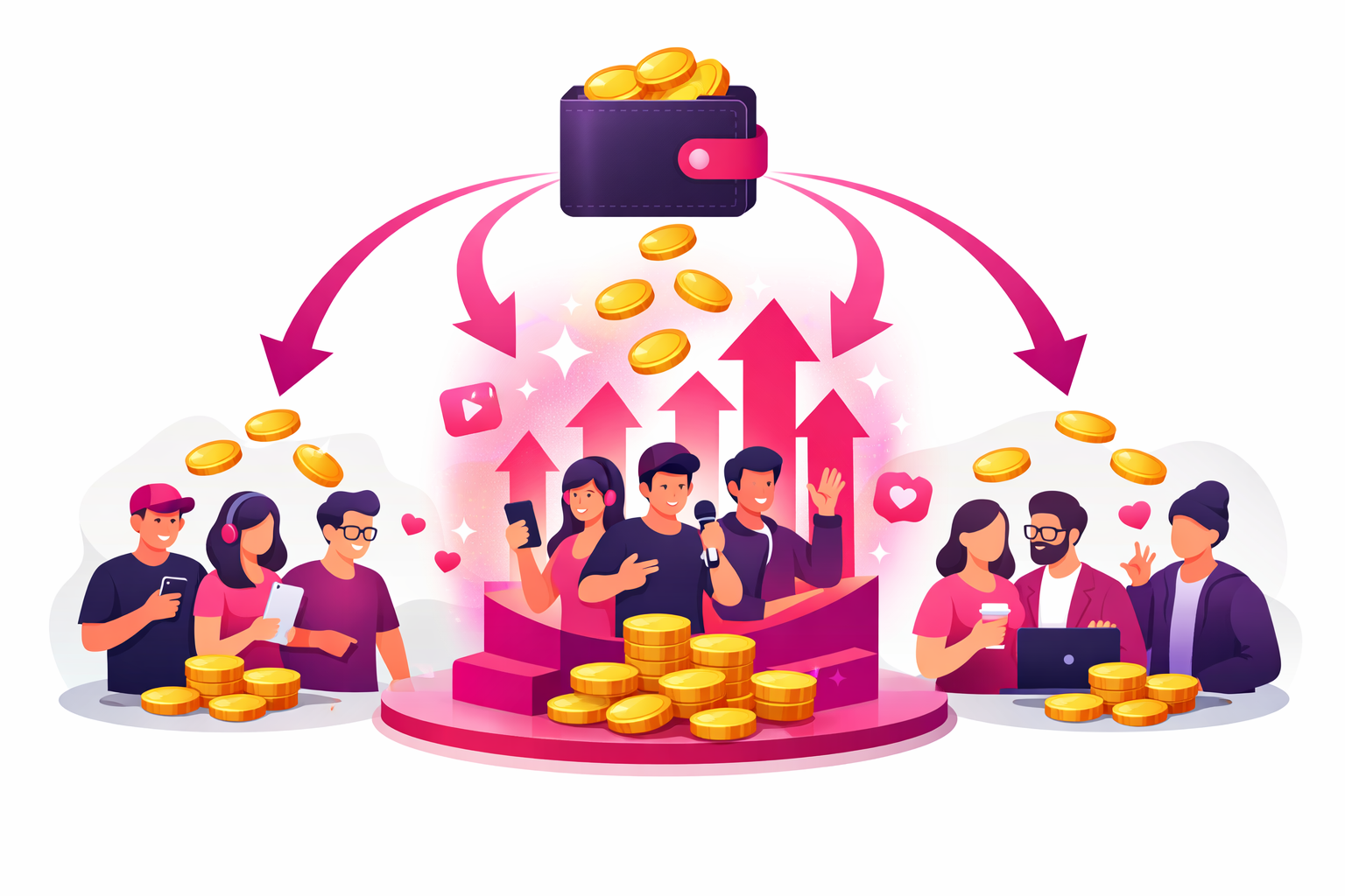 Budget flowing from a central wallet into three audience segments with one segment glowing larger and showing growth arrows, illustrating audience testing and budget reallocation for coach TikTok ad campaigns