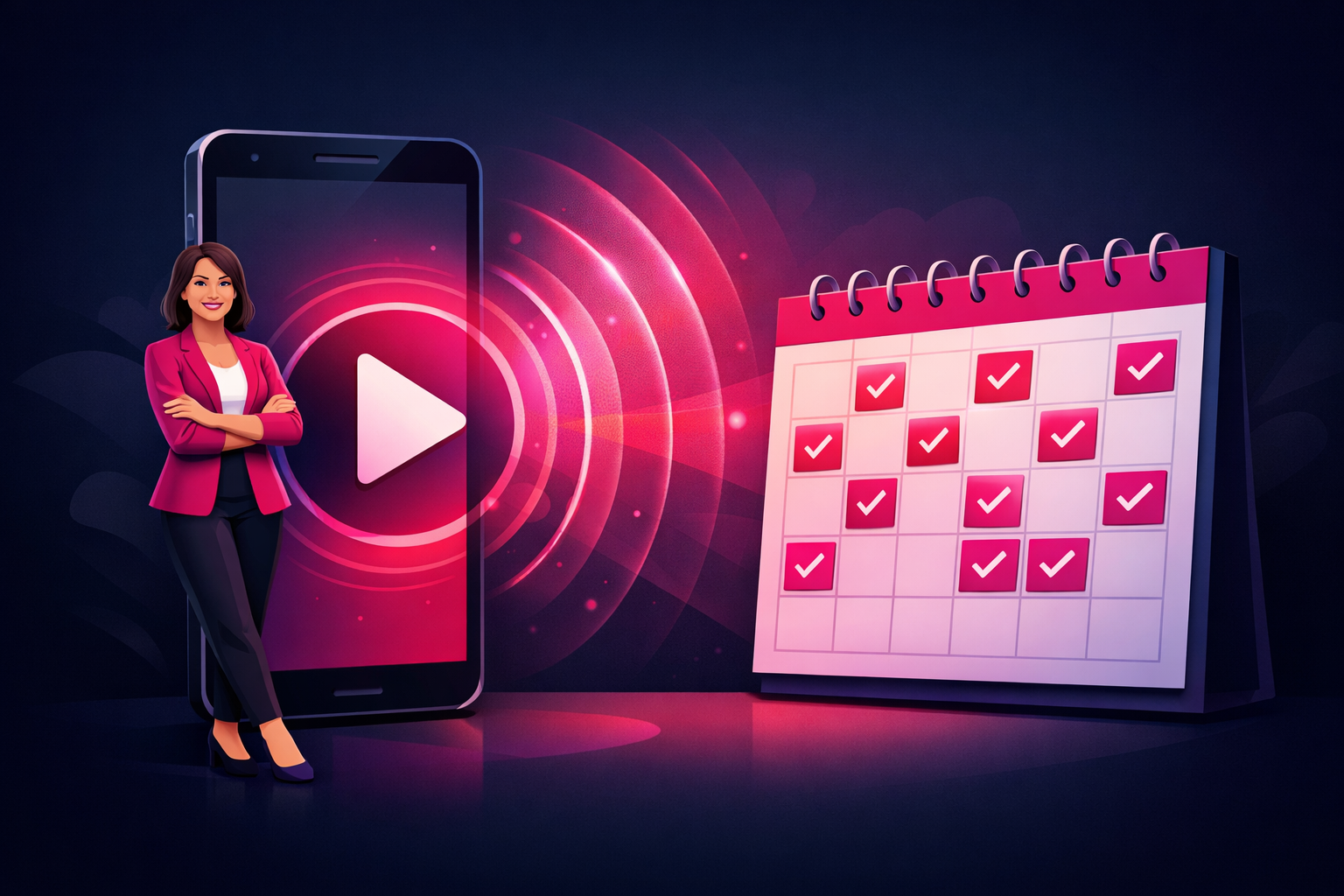 A coach beside a large smartphone showing a video play button with amplification waves radiating toward a calendar of booked appointments, illustrating TikTok advertising for coaches