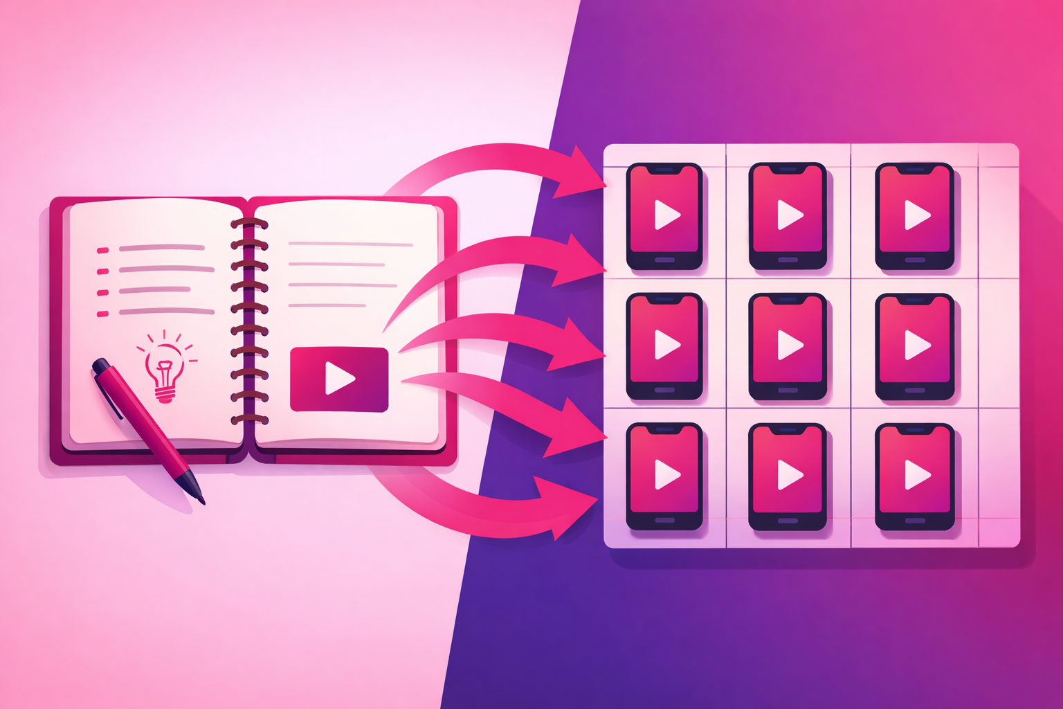 An illustration of a notebook of coaching session notes transforming into a weekly content calendar, with arrows flowing from handwritten notes into calendar cells that each show a smartphone screen with a video play button, on a pink and purple gradient background