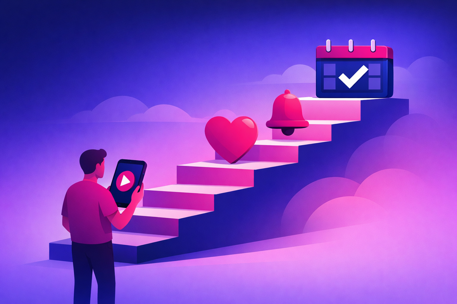 An illustration of a trust ladder as an ascending staircase where a viewer watching a smartphone video at the bottom climbs steps past heart and notification icons to reach a calendar with a checkmark at the top, representing a booked discovery call, in magenta and deep blue