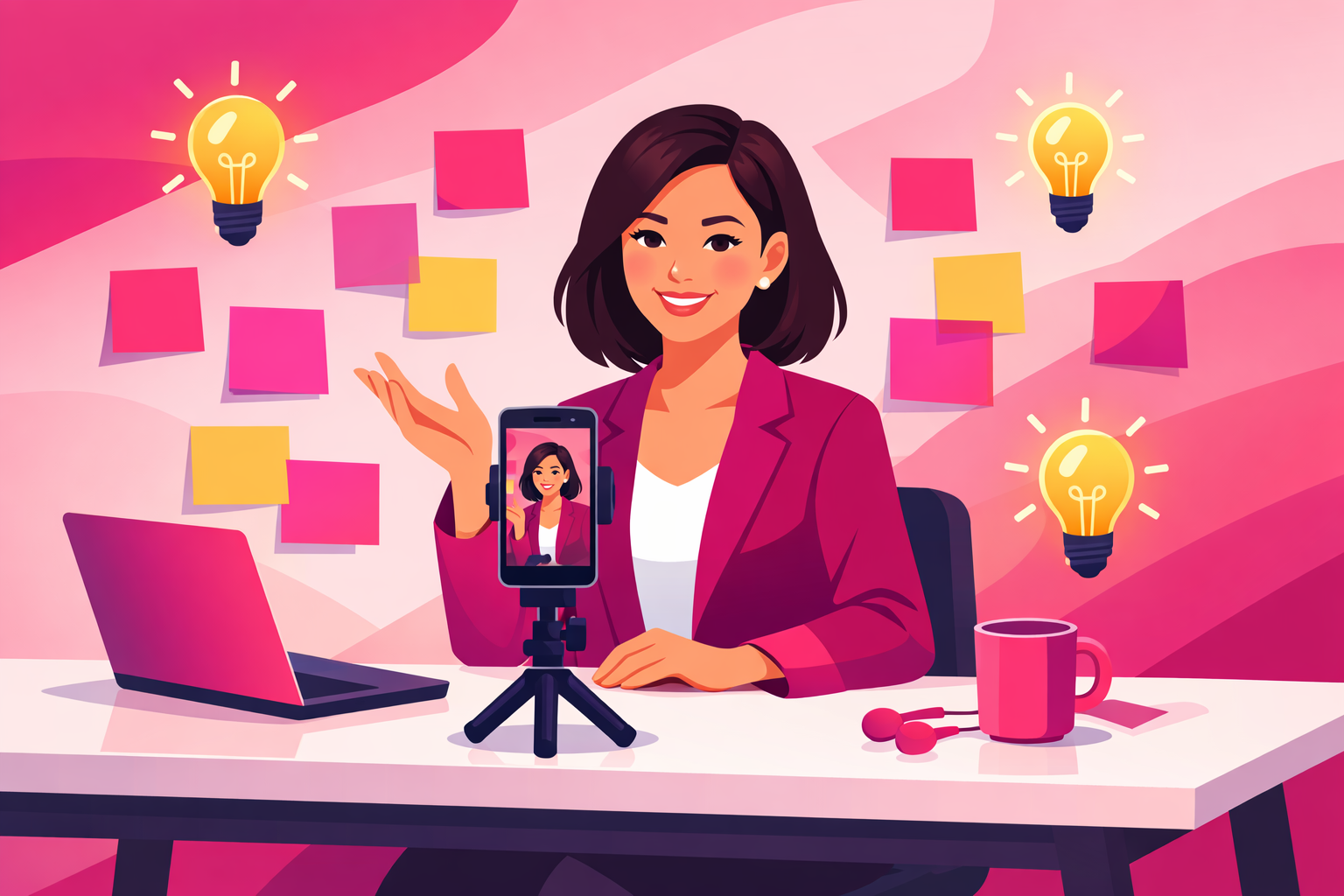 A professional coach recording a short advice video on a smartphone mounted on a tripod at a bright modern desk, surrounded by floating lightbulb icons and colorful sticky notes representing dozens of content ideas on a pink gradient background
