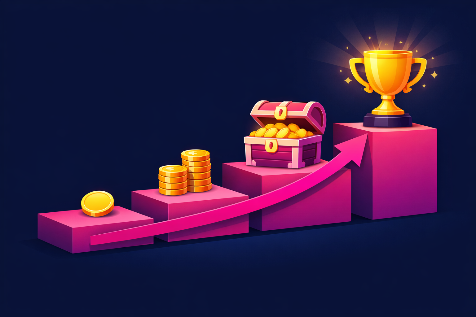An ascending staircase of income tiers from a single coin to a glowing trophy, connected by rising arrows, illustrating the coaching product ladder from one-on-one sessions to programs and courses