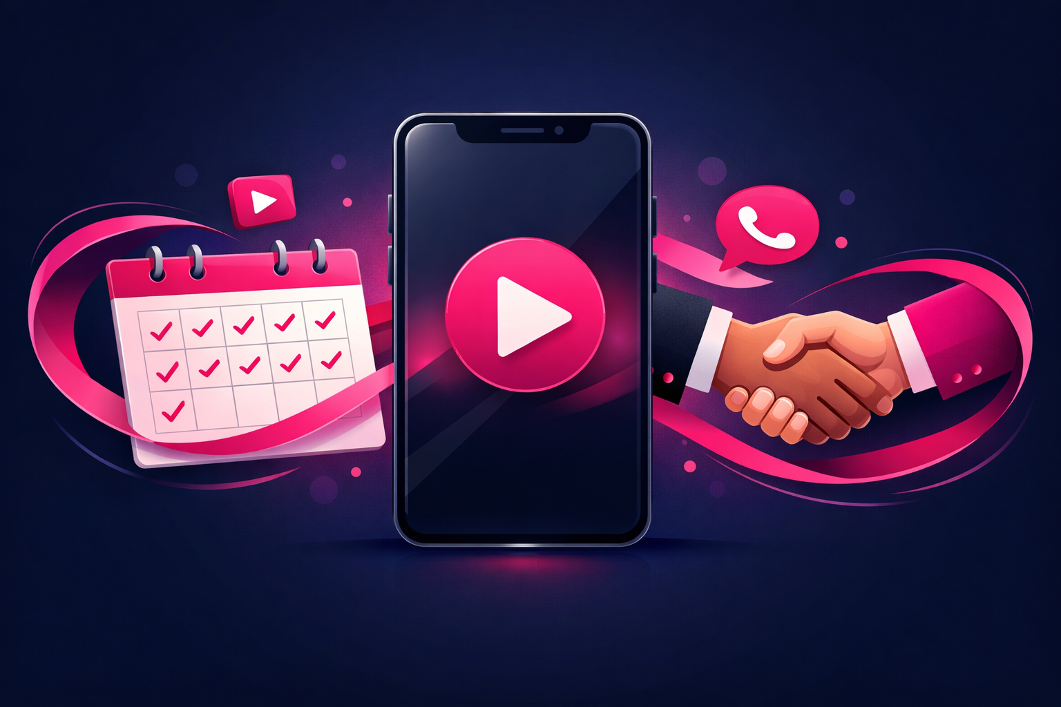 A smartphone showing a video play button connected by flowing lines to a calendar full of checkmarks and a handshake between two people, illustrating short videos turning into booked discovery calls and clients