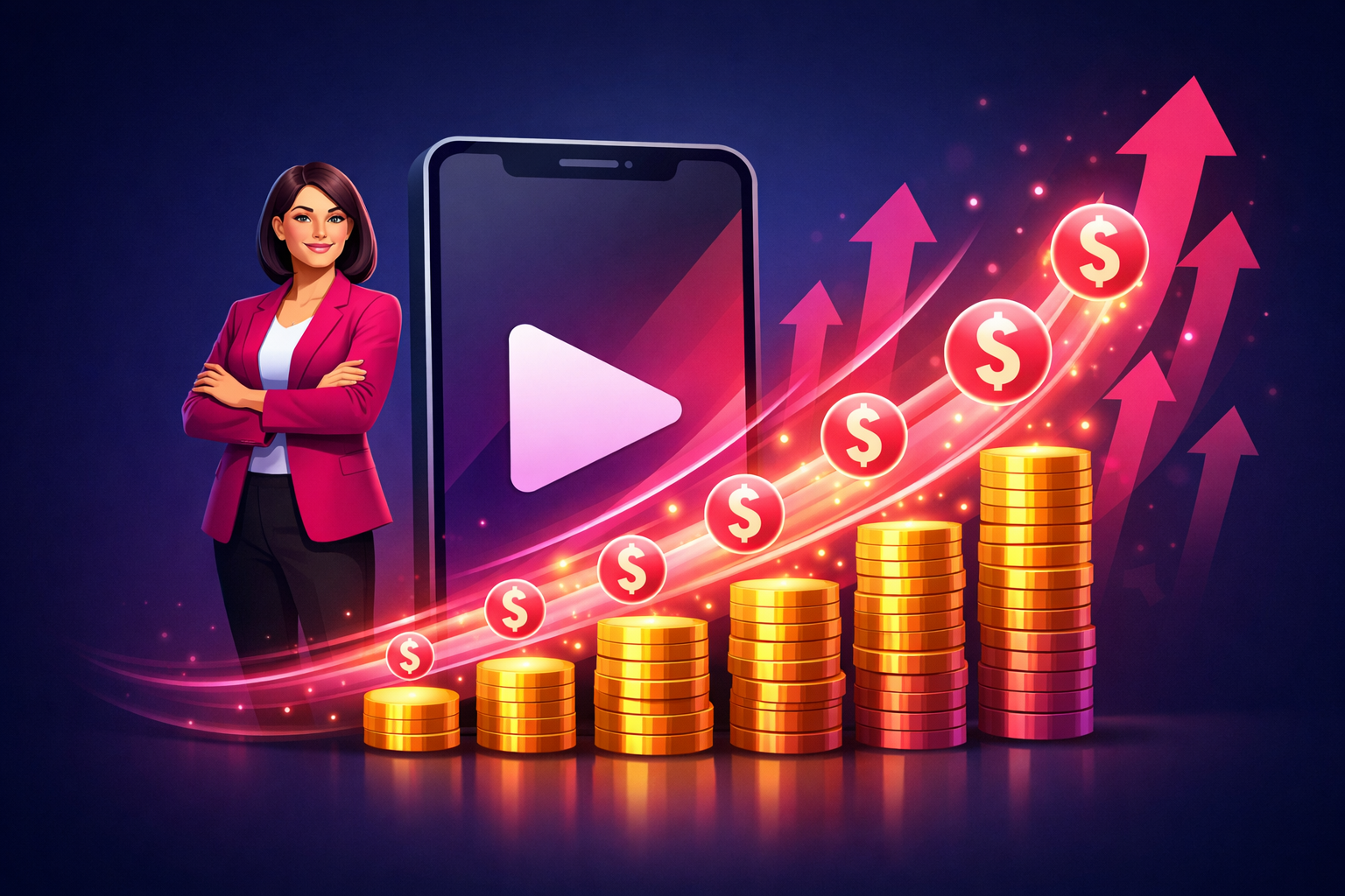A professional coach beside a large smartphone with multiple glowing income streams and rising stacks of coins flowing out of the screen, illustrating how coaches make money on TikTok