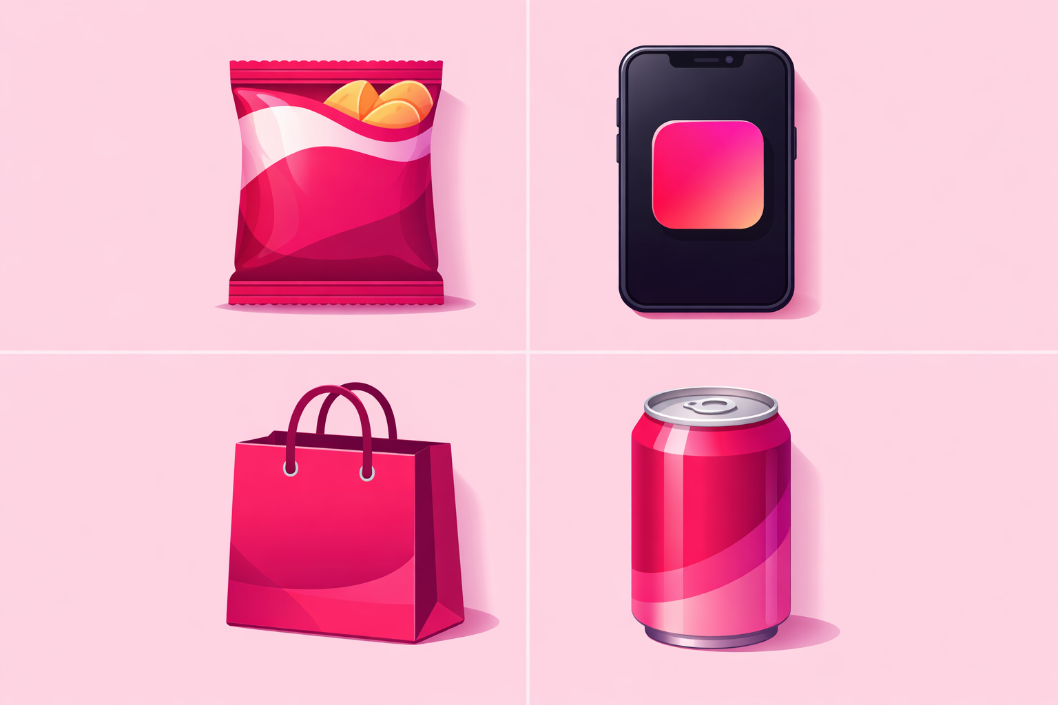 A clean flat illustration of four brand category icons - a snack package, an app icon on a phone, a retail shopping bag, and a beverage can - arranged in a grid on a soft pink background