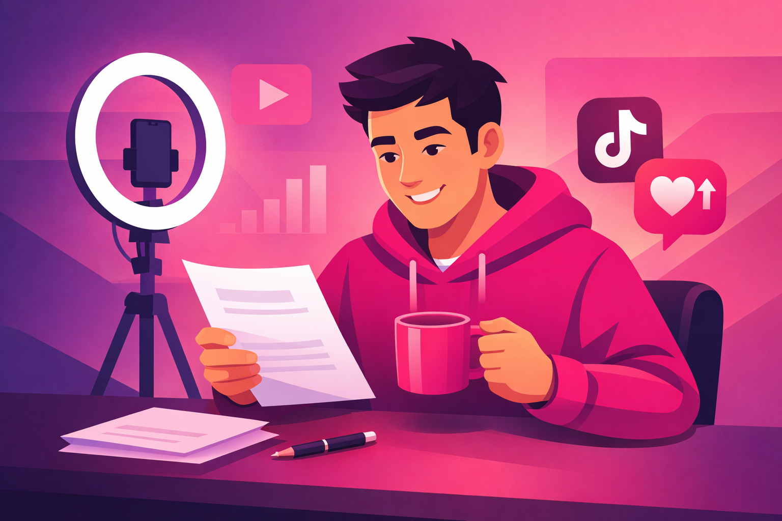A friendly editorial illustration of a comedy creator at a desk reviewing a contract document with a coffee mug nearby and a ring-light setup in the background, warm pink and purple tones