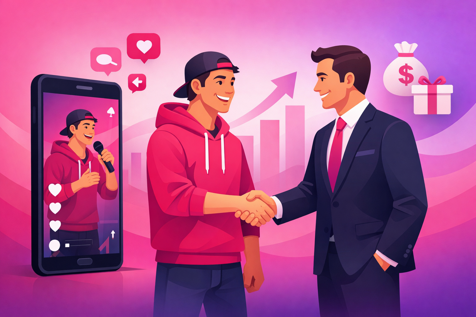 A modern editorial illustration of a comedy creator shaking hands with a brand partner, a smartphone playing a TikTok comedy clip beside them, soft pink and purple gradient background