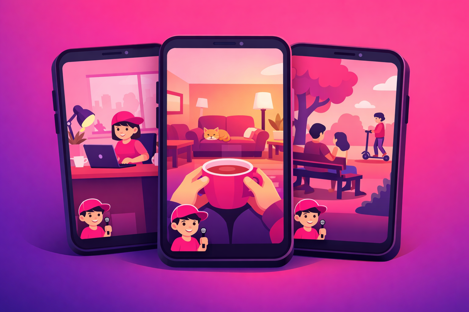 A clean flat illustration showing three vertical phone screens depicting different comedy creator content lanes: workplace, story-time POV, and observational sketch, with a consistent character icon and warm pink-purple gradient background