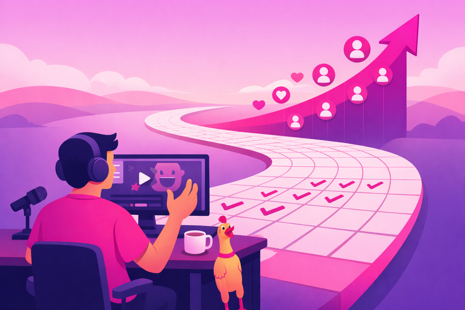 A flat editorial illustration of a comedy creator at a desk with a 90-day calendar grid stretching outward like a path, small checkmarks across early weeks and a rising follower-graph trending upward into the distance