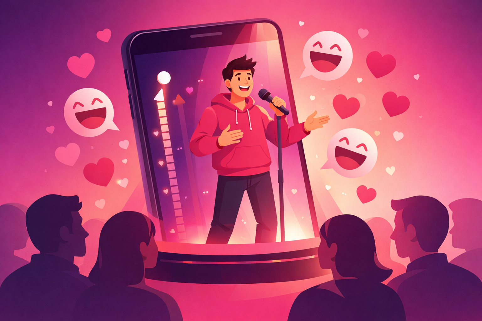 A warm flat illustration of a comedy creator performing on a smartphone screen with a follower counter ticking upward toward 100K, surrounded by laugh bubbles, hearts, and a stylized audience of profile silhouettes