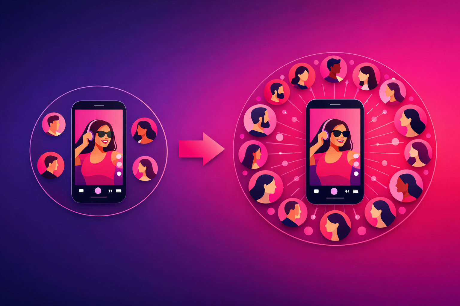 A clean illustration showing a small audience of viewers on the left and a much larger audience on the right, connected by an arrow representing paid amplification