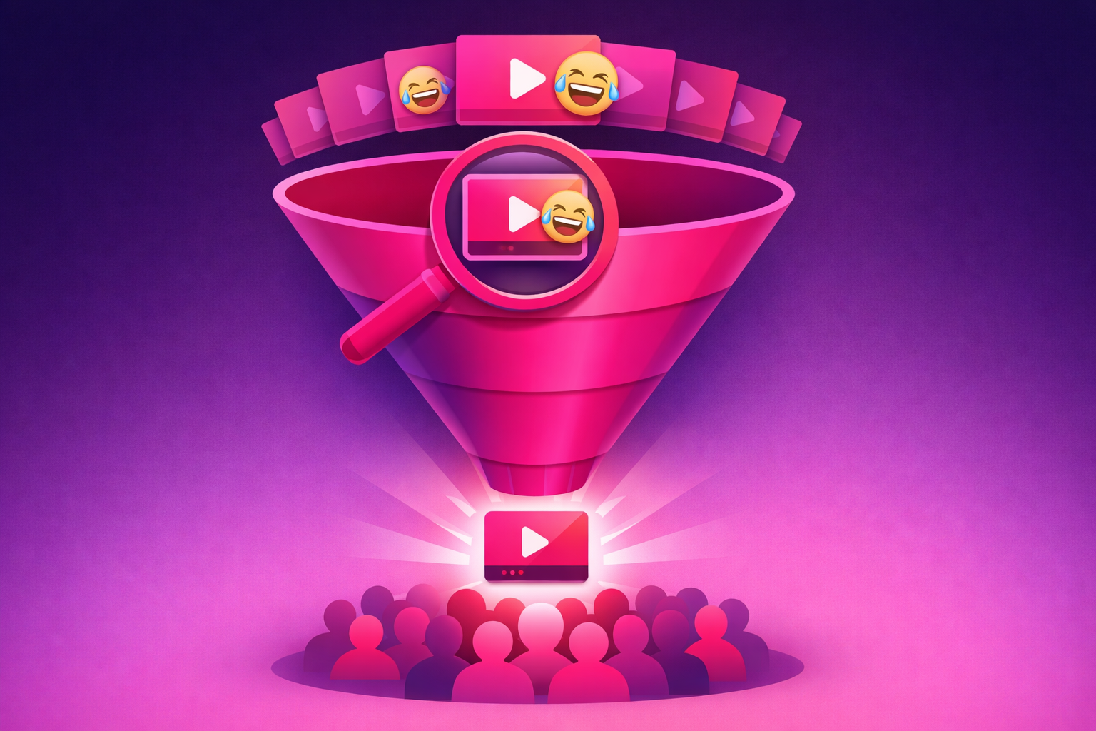 An infographic-style funnel illustration showing multiple comedy clips at the top, filtered through a magnifier in the middle, with a single highlighted clip at the bottom reaching a larger audience