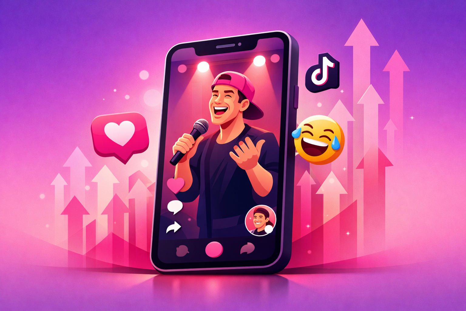 A clean editorial illustration of a TikTok comedy clip on a smartphone screen with upward growth arrows behind it on a soft pink and purple gradient background