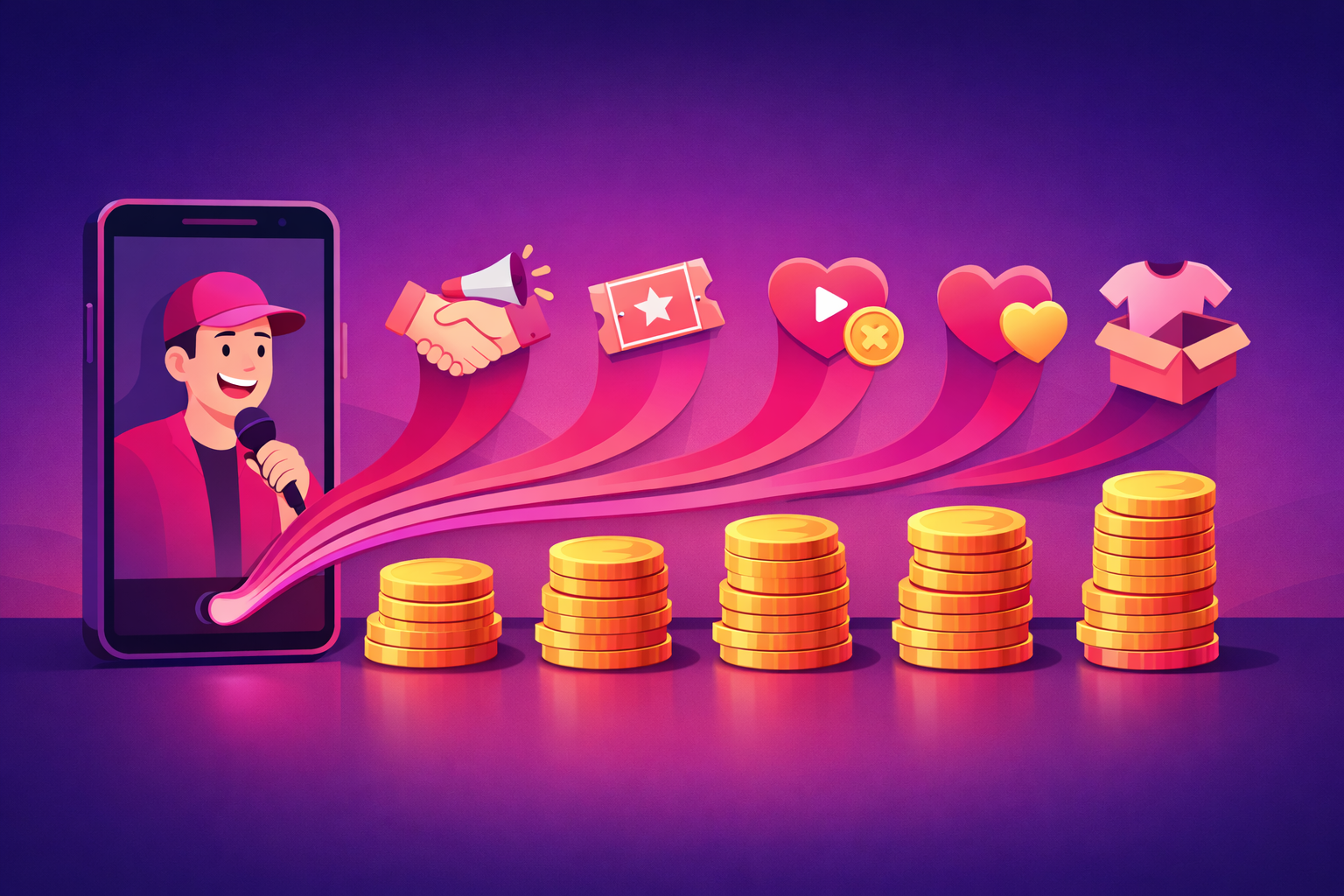 A clean flat infographic-style illustration showing five distinct revenue streams flowing from a comedy creators phone screen into separate stacks of coins, with simple icons representing brand deal, live show ticket, creator rewards, fan tips, and merch box, in warm pink and purple tones