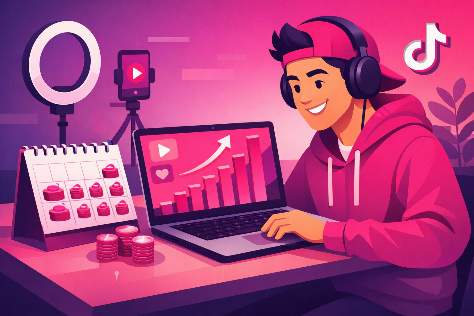 A friendly editorial illustration of a comedy creator at a desk reviewing a stylized growth dashboard on a laptop with rising bar charts and a small calendar showing recurring monthly income deposits, in warm pink and purple tones with modern flat design