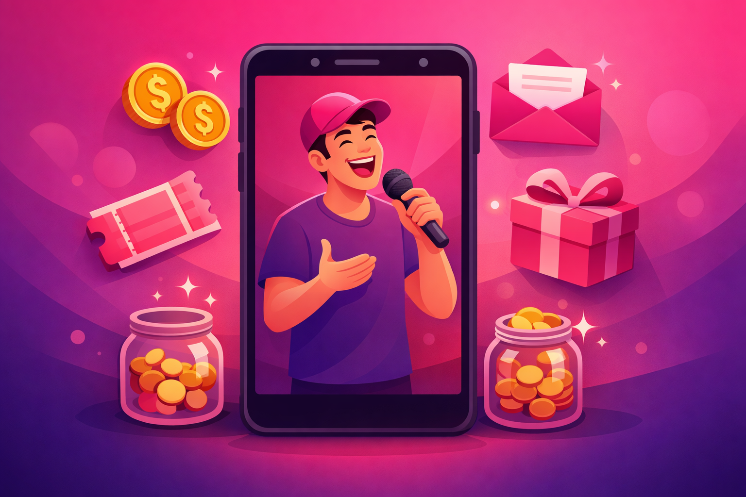 A modern flat editorial illustration of a comedy creator on a smartphone screen surrounded by floating monetization icons including dollar coins, brand deal envelope, ticket stub, gift box, and a sparkling tip jar on a warm pink and purple gradient background