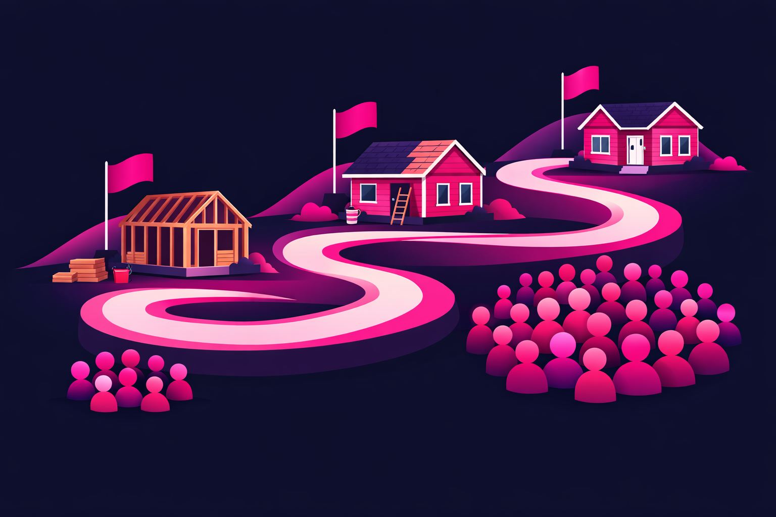 A winding roadmap passing three milestone flags as a house renovation progresses from bare framing to finished, with the audience growing larger at each stage