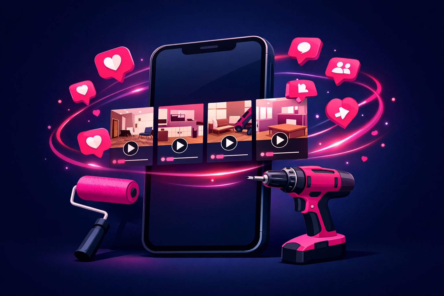 A smartphone displaying a row of renovation video episodes with hearts, comments, shares, and follower icons orbiting the screen beside a paint roller and drill