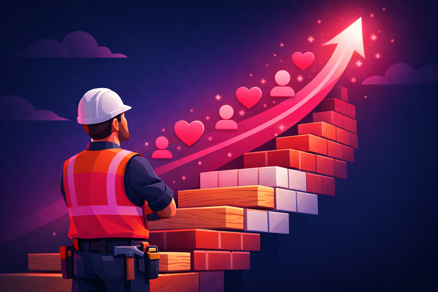 A contractor in a hard hat looking up a rising staircase of bricks and lumber that climbs into a glowing growth arrow surrounded by follower and heart icons