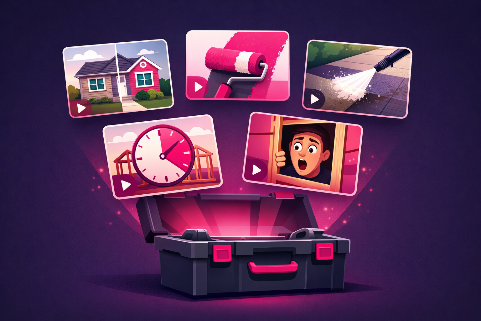 Video idea cards floating out of an open contractor toolbox, showing a before/after house split, a paint roller, a power washer cleaning a driveway, a timelapse clock over framing, and a surprised face looking inside an open wall