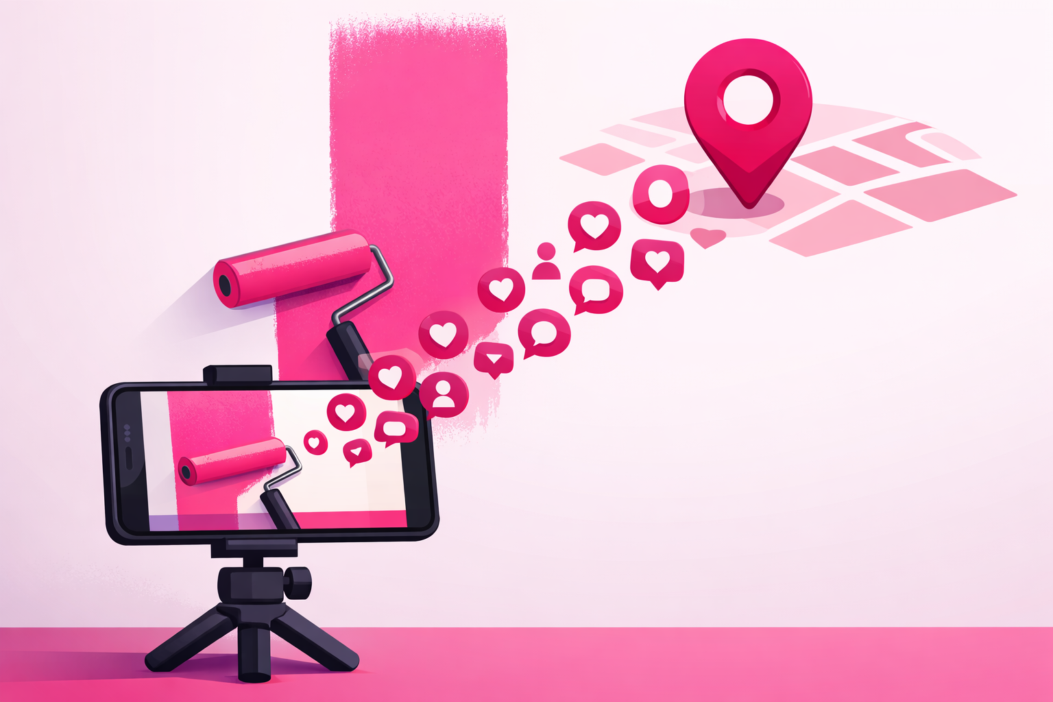 A smartphone on a tripod filming a paint roller laying a fresh pink stripe on a wall while hearts, comments, and follower icons stream from the screen toward a map pin representing local customers