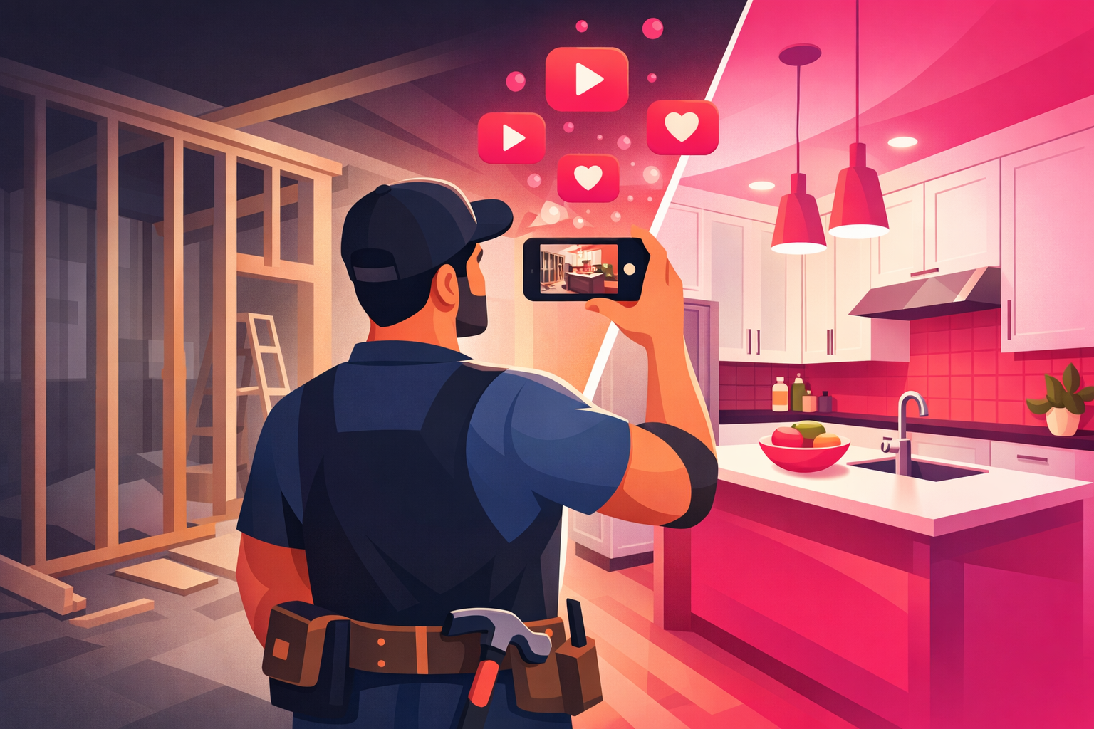 A contractor in a tool belt filming a kitchen renovation with his phone, standing between the unfinished framed side of the room and the finished kitchen, with play buttons and heart icons rising from the phone