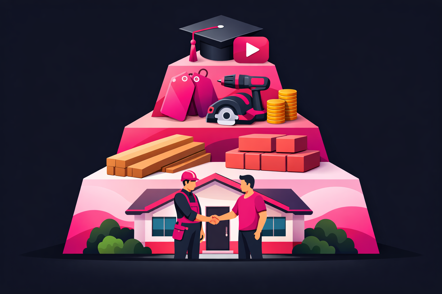 A pyramid built from construction materials showing a contractor and homeowner handshake at the wide base, price tags, tools, and coin stacks in the middle levels, and a graduation cap with a play button at the top