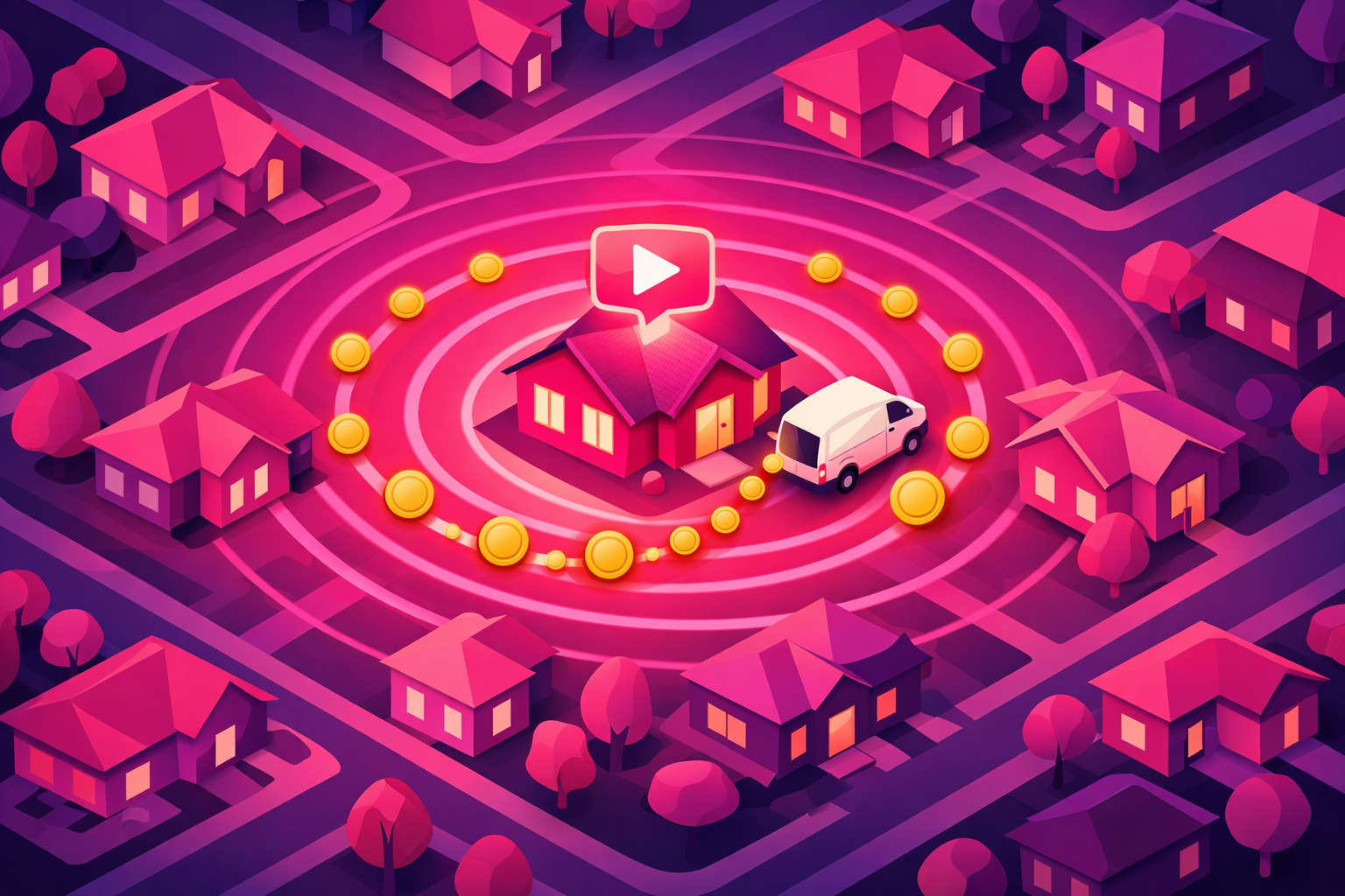 An overhead neighborhood map with one glowing house sending video ripples to surrounding homes while golden coins travel back along the ripples toward a contractor van