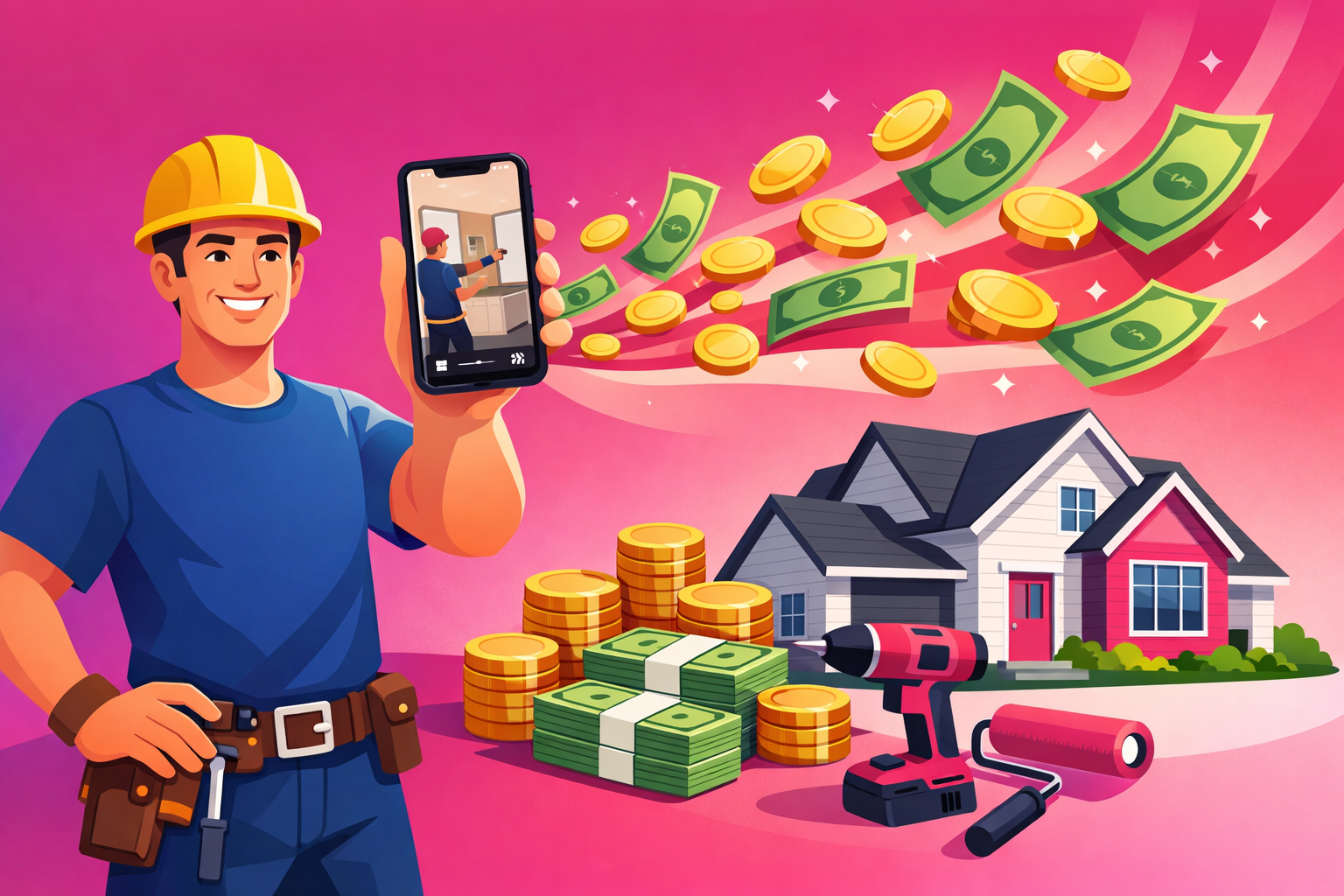 A contractor in a hard hat holding up a smartphone playing a renovation video while golden coins and bills stream from the screen into stacks beside a renovated house, a drill, and a paint roller
