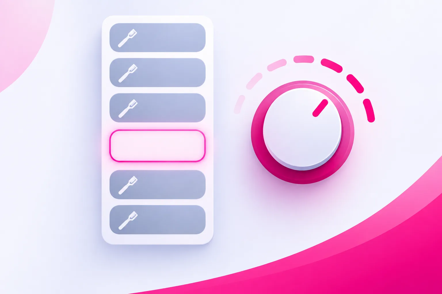 An illustration of a vertical column of appointment blocks, most filled in soft gray-blue with small toothbrush icons and one empty block glowing pink, next to a large pink control dial turned partway up