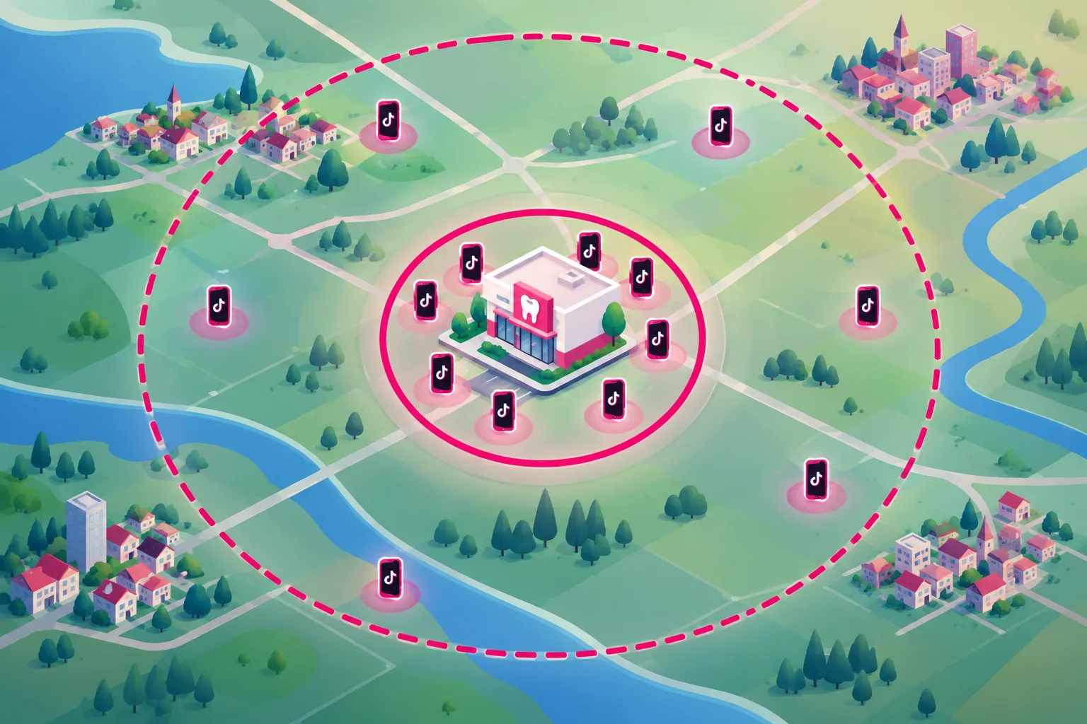 An illustration of a map seen from above with a solid pink circle drawn tightly around a dental office and many phone icons inside it, surrounded by a much larger dashed pink ring reaching distant towns with a few phone icons scattered inside