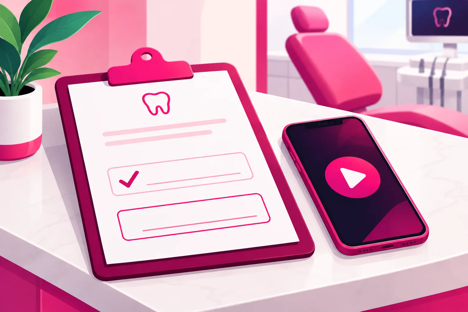 An illustration of a clipboard on a dental office counter holding a consent form with two signature boxes, the first checked and the second empty and outlined in pink, next to a smartphone showing a large play button