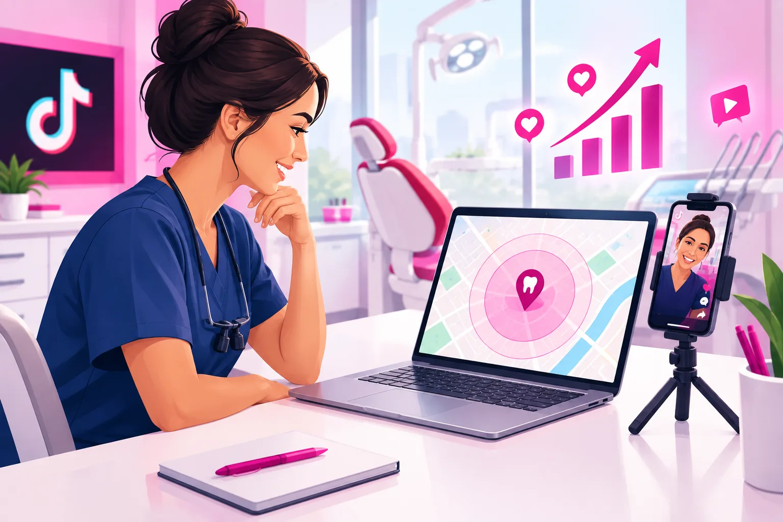 An illustration of a smiling dentist in navy scrubs at a desk in a bright dental office, looking at a laptop that shows a city map with a pink radius drawn around a tooth-shaped pin, with a smartphone on a small tripod beside it