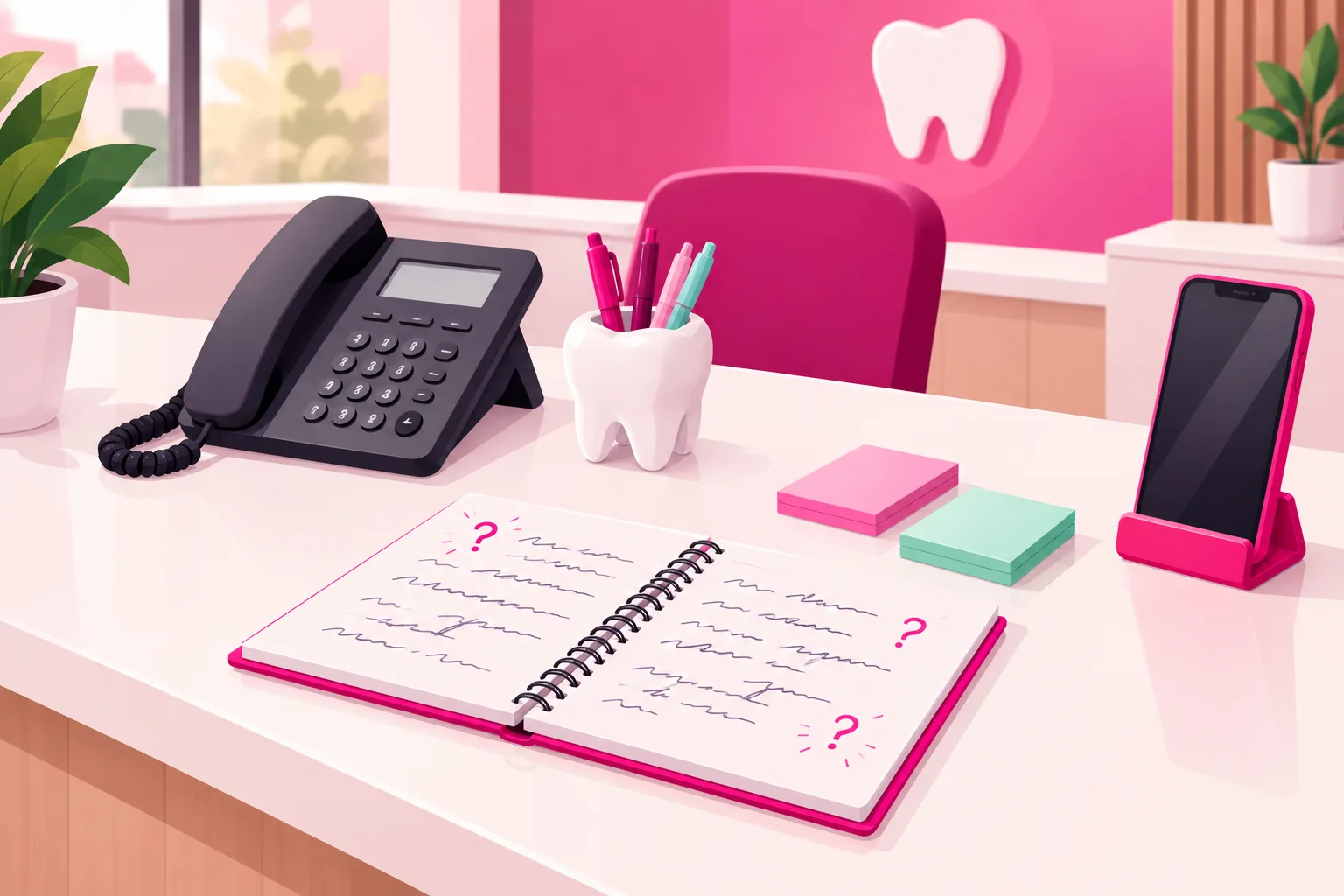 An illustration of a dental office front desk with an open spiral notebook filled with handwritten scribble lines and doodled question marks, a desk phone, a tooth-shaped jar of pens, pink and mint sticky notes, and a smartphone standing in a small holder