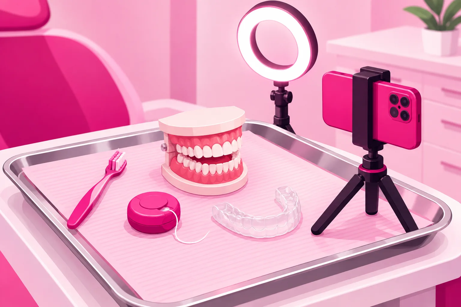 An illustration of a dental instrument tray set up as a tiny film studio, with a model mouth, a toothbrush, a spool of floss, a clear night guard, a small ring light, and a smartphone on a mini tripod pointed at the tray