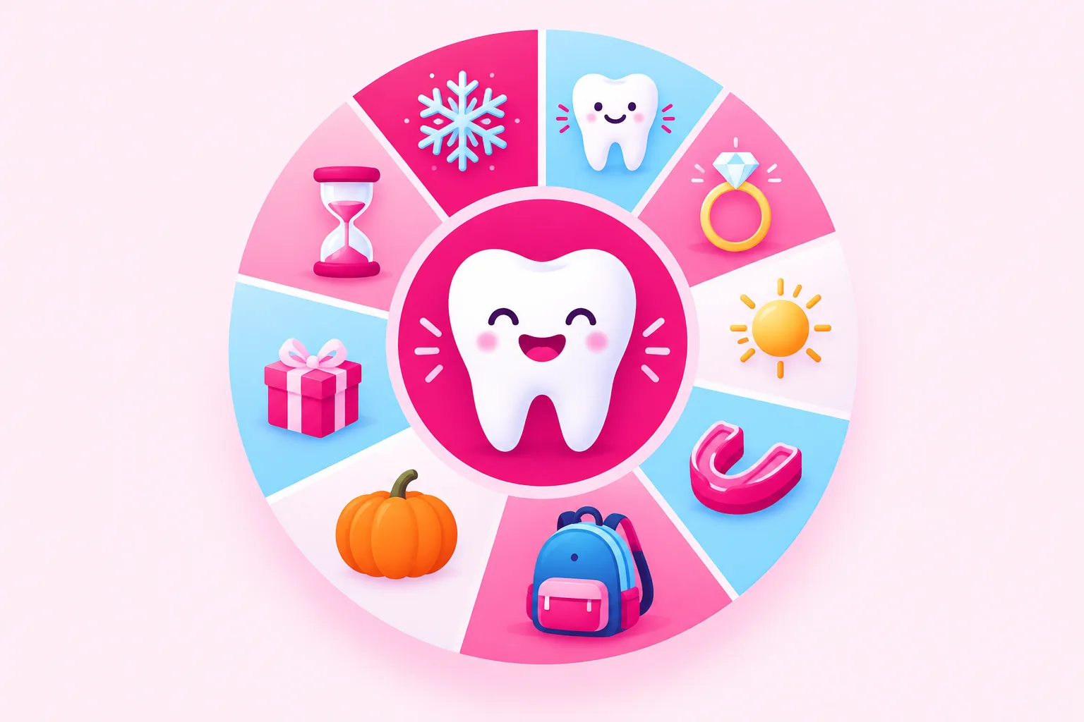 An illustration of a circular year-wheel with a smiling cartoon tooth at the center and seasonal icons around the wedges - a snowflake, a child's tooth, a wedding ring, a sun, a sports mouthguard, a school backpack, a pumpkin, a gift box, and an hourglass