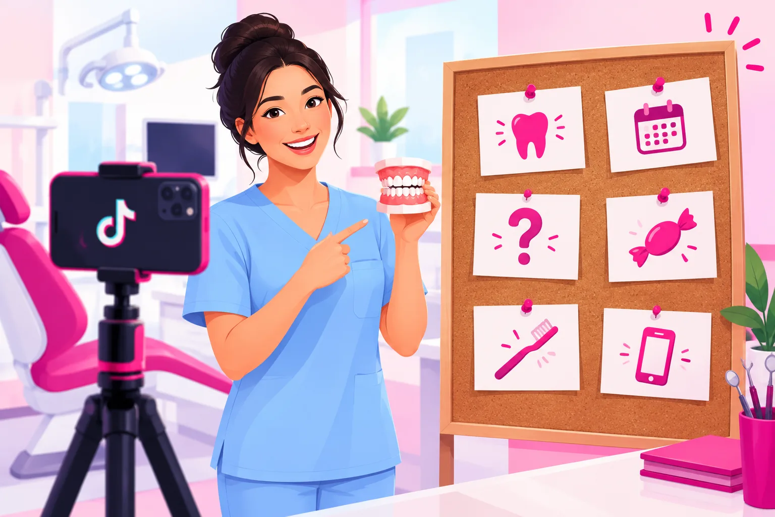 An illustration of a smiling dentist in light-blue scrubs holding up a model mouth in a bright operatory, beside a corkboard of pinned index cards each showing a small icon for a different video idea - a tooth, a calendar, a question mark, a piece of candy, a toothbrush, and a phone - with a smartphone on a tripod framing the scene