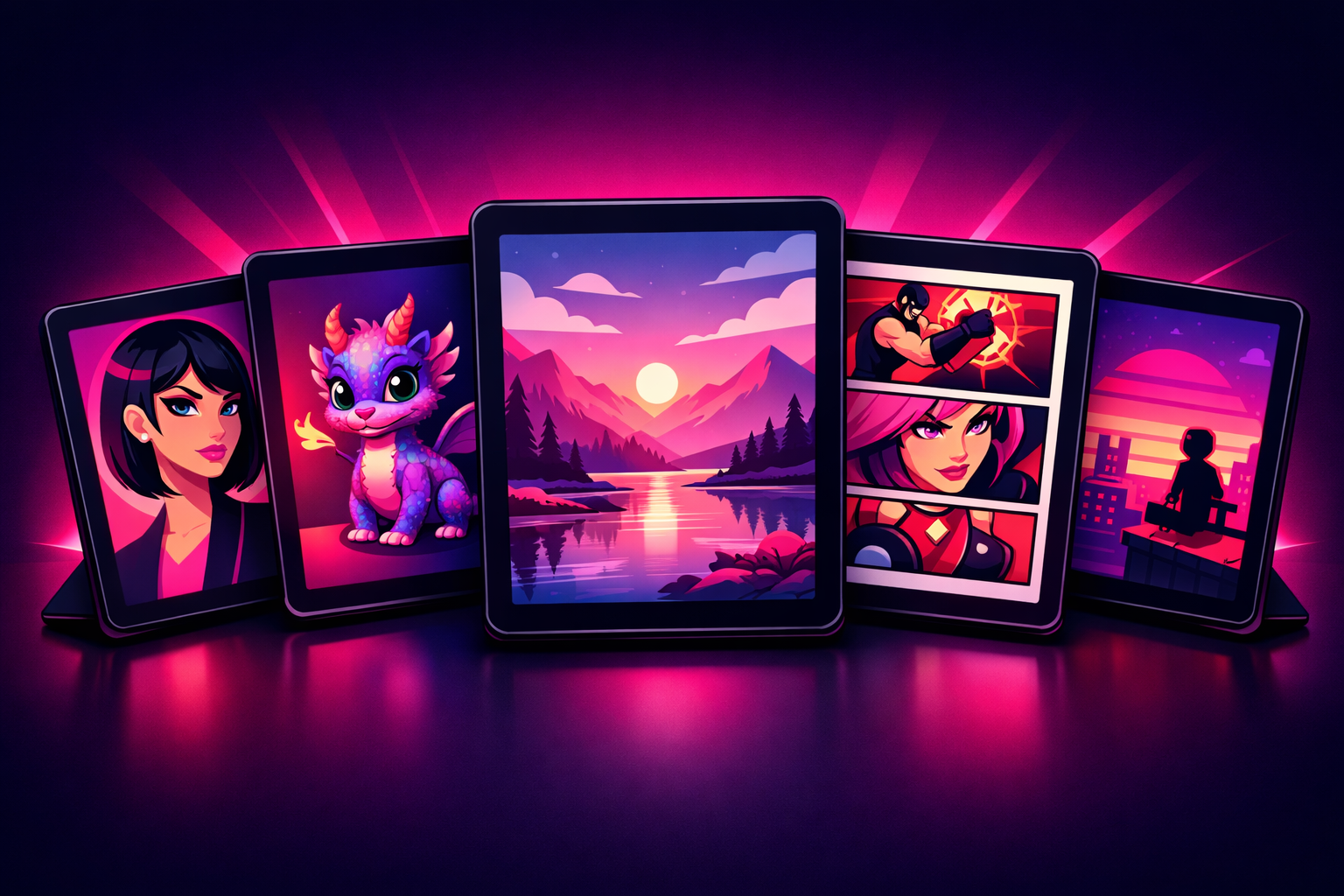 Five drawing tablets fanned out side by side, each displaying a different digital illustration style - a stylized portrait, a colorful creature, a landscape scene, a comic-style panel, and a pixel-art scene - on a pink and magenta gradient background