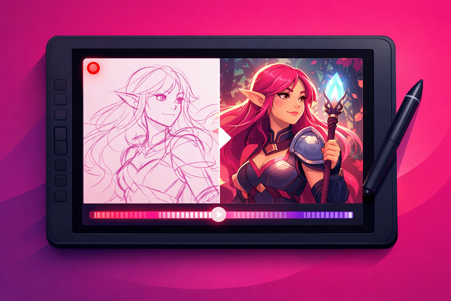 A drawing tablet shown mid-process with a glowing record dot in the corner and a time-lapse scrubber bar beneath it, the canvas transitioning from a rough line sketch on the left to a fully colored finished character illustration on the right
