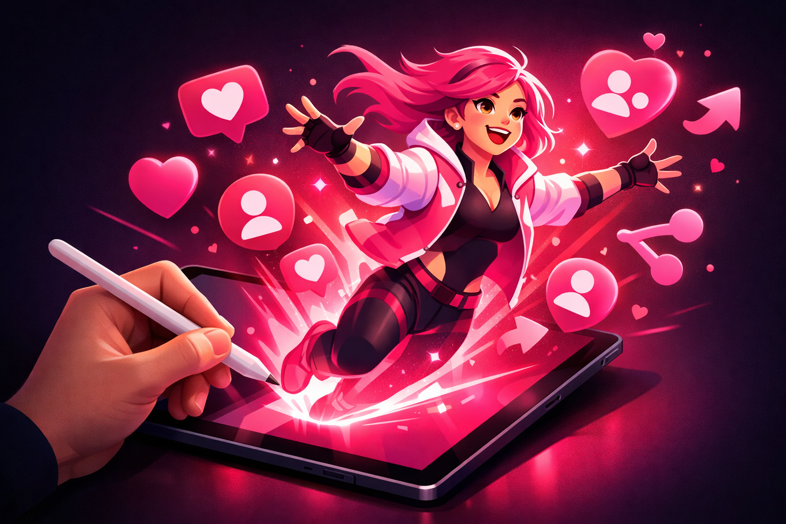A digital artist's hand holding a stylus drawing a vibrant character on a tablet, the finished illustration bursting off the screen into floating TikTok hearts, follower icons, and share arrows on a pink and magenta gradient background