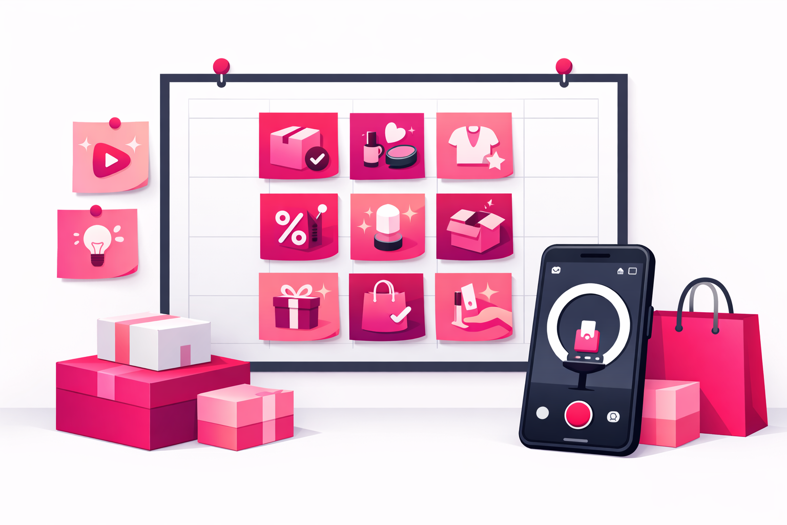 Content calendar board showing different types of e-commerce TikTok videos planned for the week, with a phone showing the TikTok recording interface and product boxes nearby