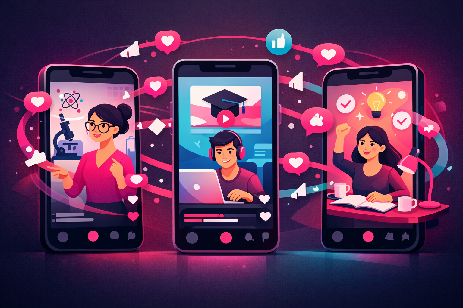 Three phone screens showing different TikTok ad formats for educational content - Spark Ads, In-Feed ads, and video ads with engagement metrics