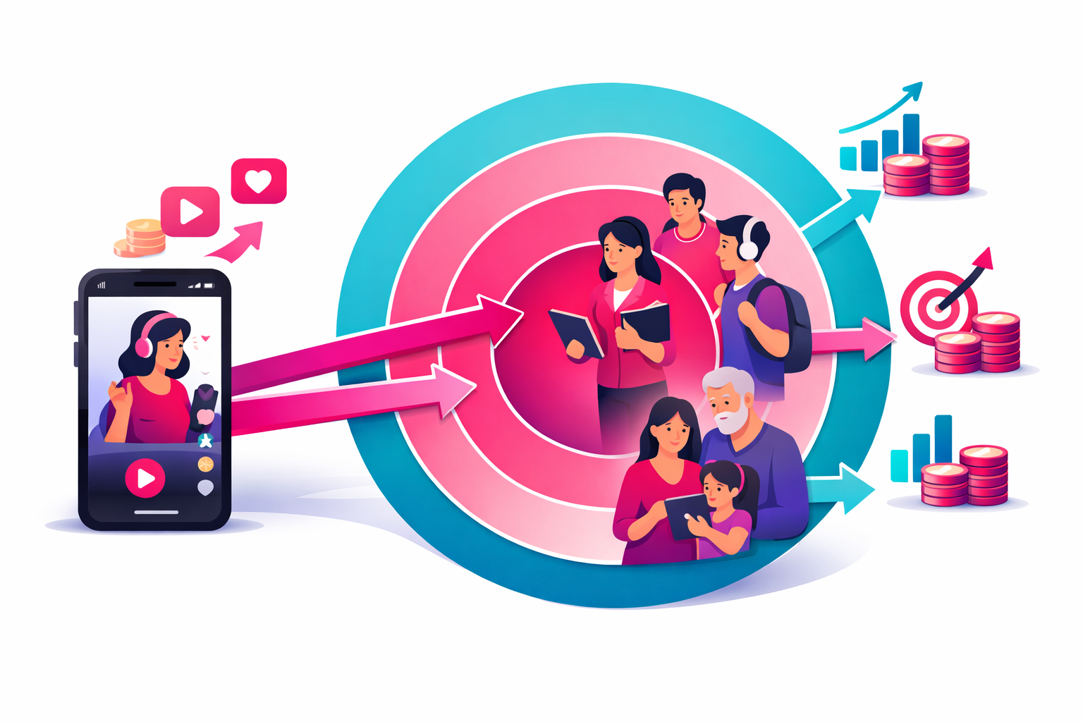 Audience targeting strategy diagram showing concentric circles of audience segments including teachers, students, lifelong learners, and parents with budget allocation arrows